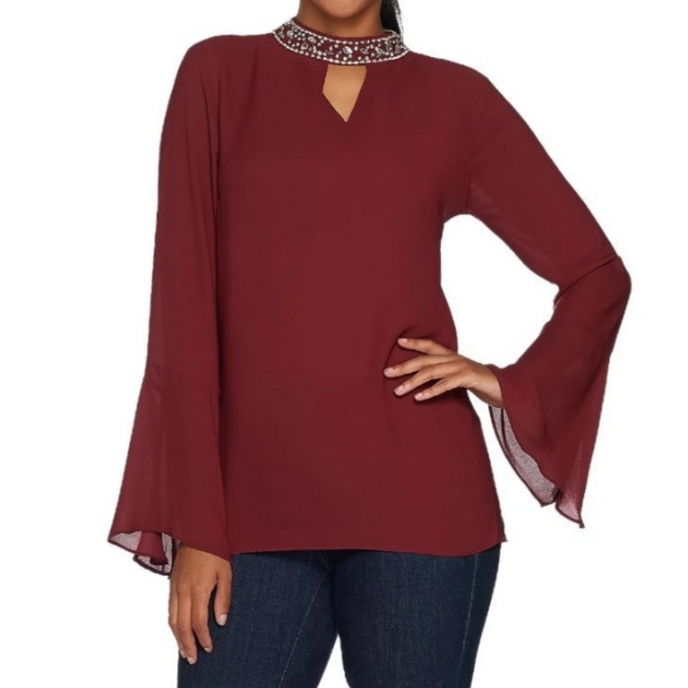 Hot in Hollywood Burgundy Wine flare sleeve bejeweled neckline keyhole blouse_Sm